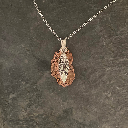Silver Leaf on Textured Copper Pendant Necklace by Mary Anne Huntington