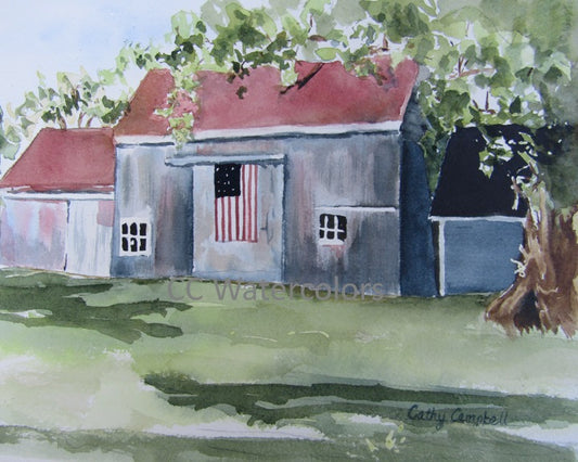 Southold Barn, 8 x 10 Watercolor Print, Matted to Fit an 11 X 14  Frame, by Cathy Campbell