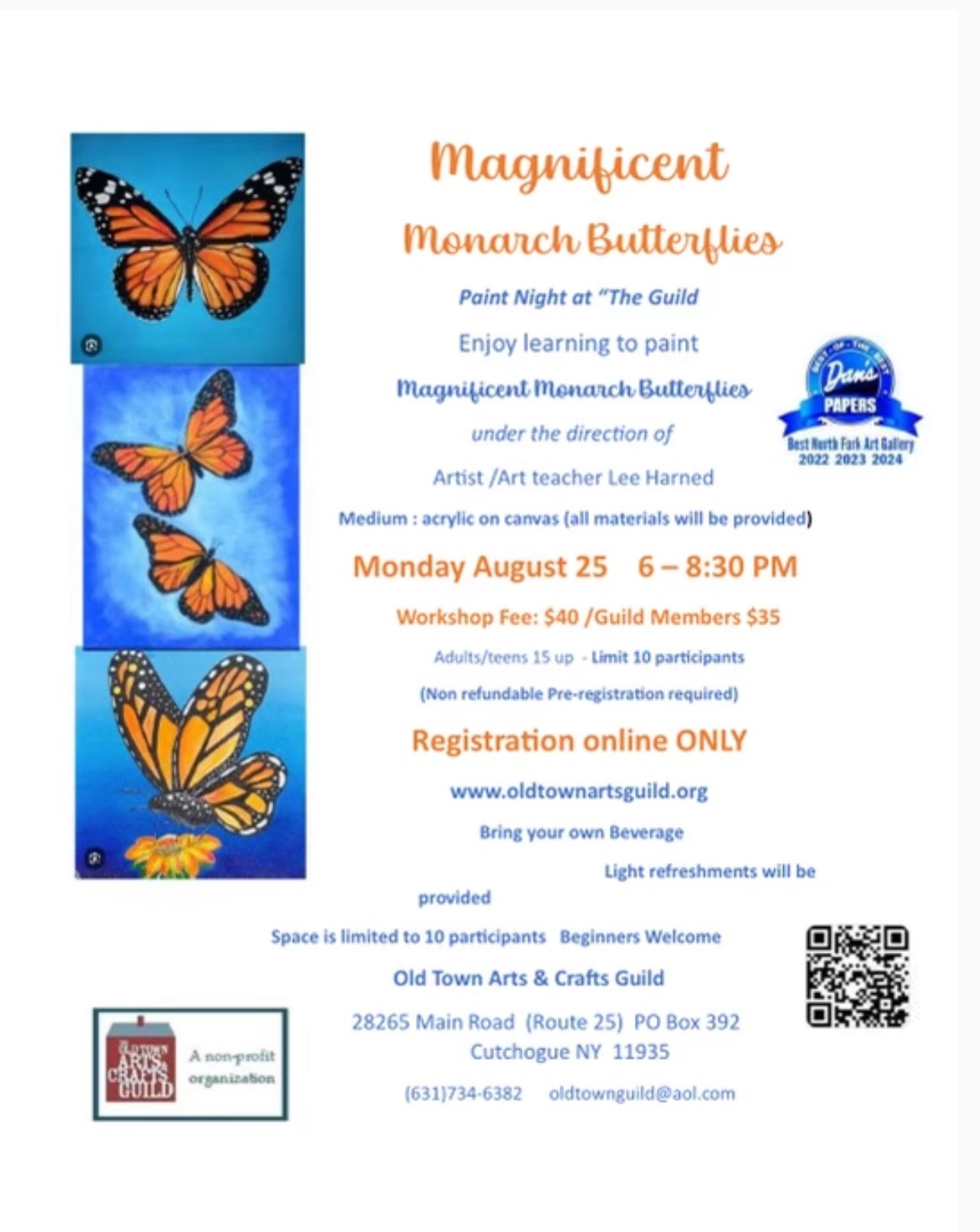 Magnificent Monarch Butterflies-Paint Night at Guild with Lee Harned  8/25/25
