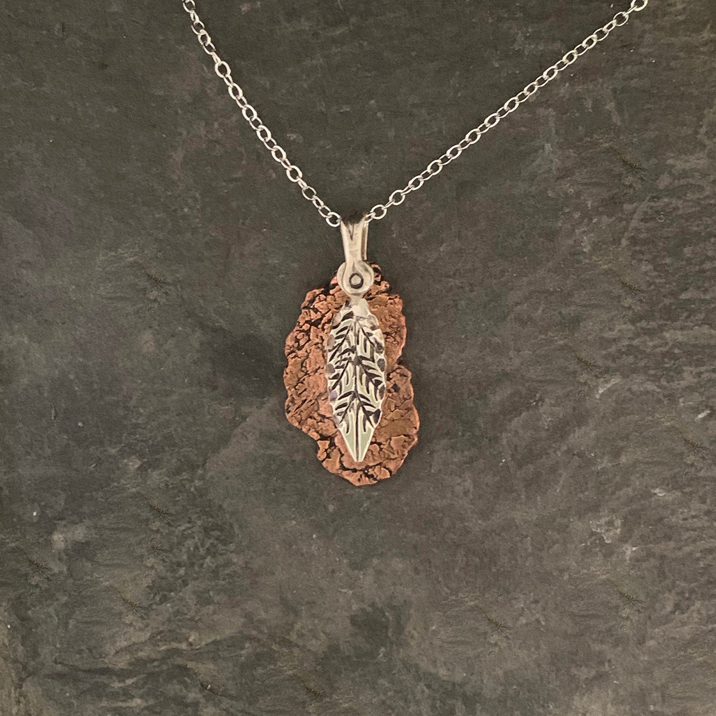 Silver Leaf on Textured Copper Pendant Necklace by Mary Anne Huntington