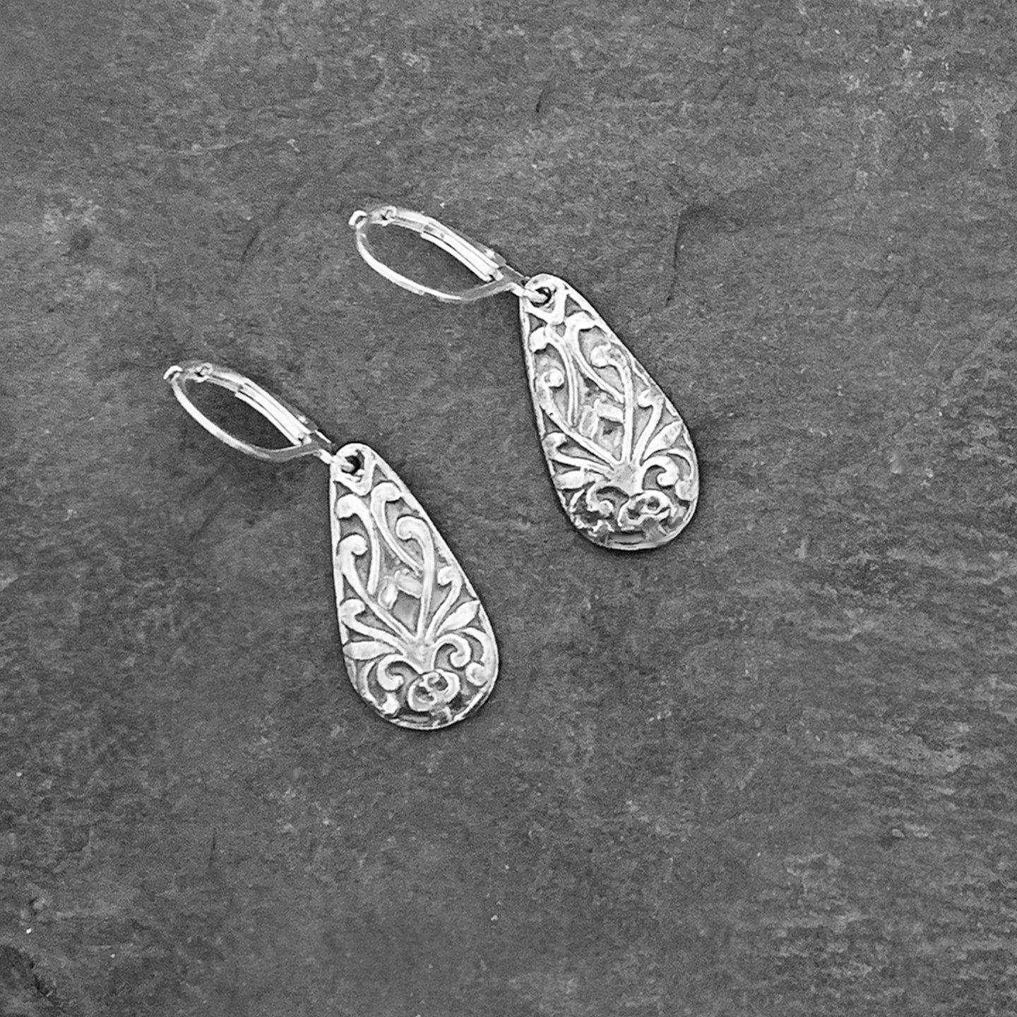 Fine Silver Rococo Teardrop Earrings by Mary Anne Huntington