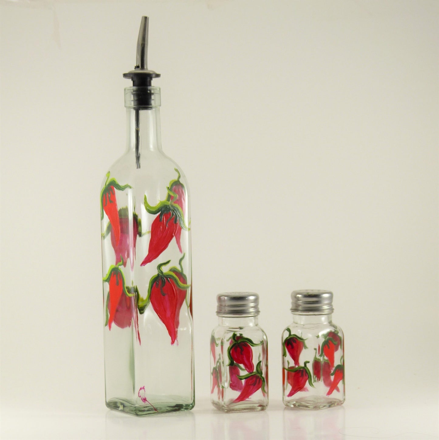 Hot Peppers Hand Painted Oil, Salt, Pepper Set by Helene Canberg