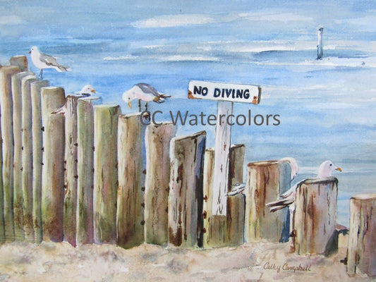 No Diving Founder’s Landing, 11 x 14 Watercolor Print, Matted to Fit a 16″ X 20″ Frame, by Cathy Campbell